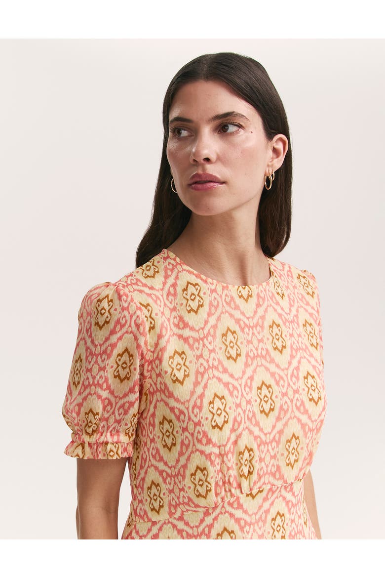 Mela Printed Midi Tea Dress, Alternate, color, Coral Ikat