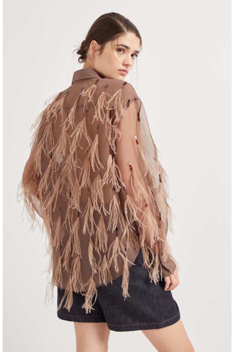 Crispy silk shirt with dazzling feather embroidery, Alternate, color, Brown