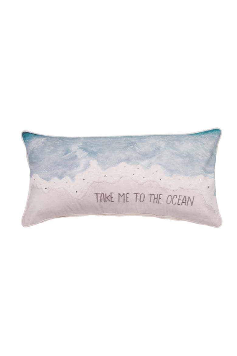 Take Me To The Ocean Phrase Cotton Blend Accent Pillow 12" x 24", Main, color, Blue