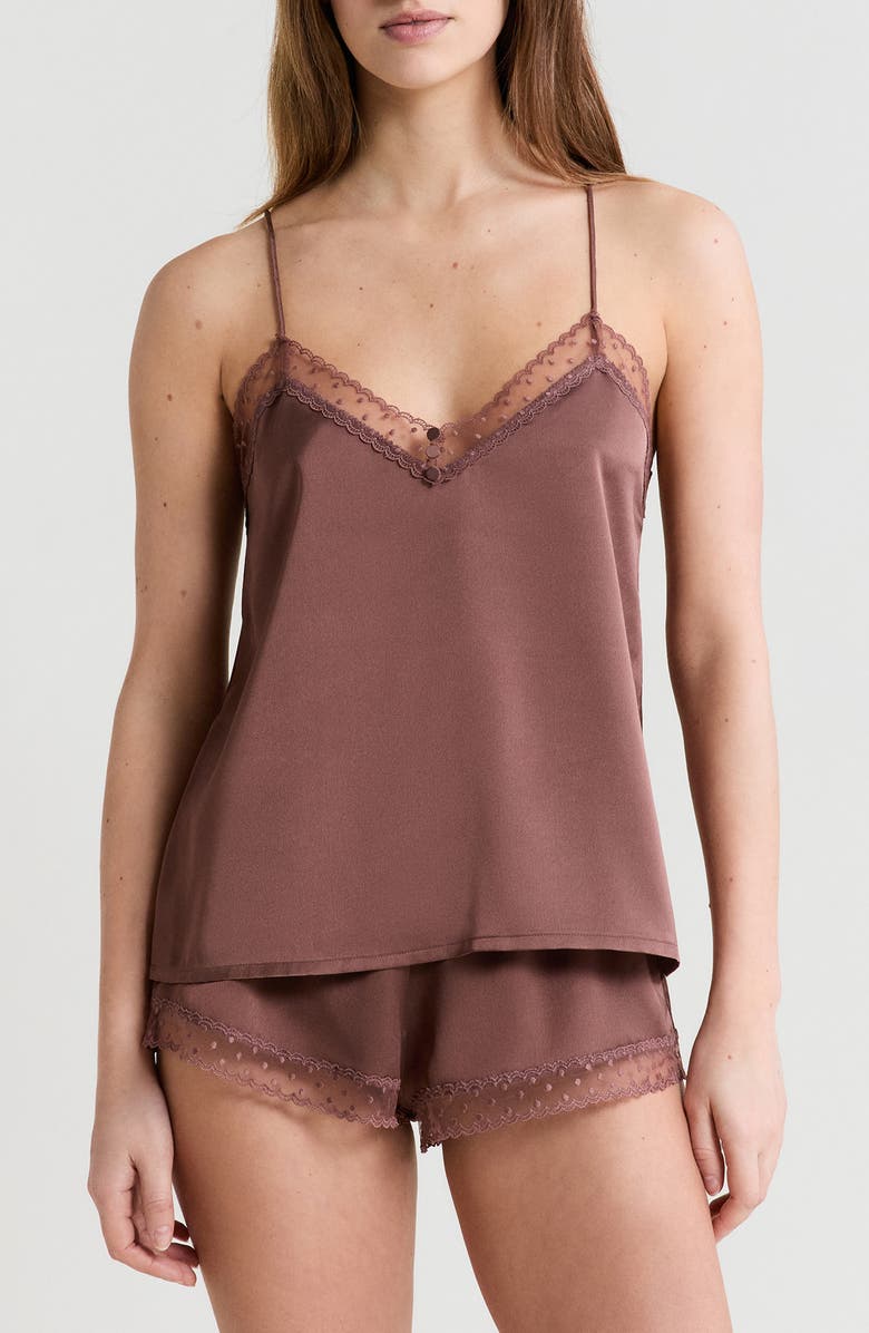 Etam Plume Lace Trim Satin Camisole, Main, color, Chocolate