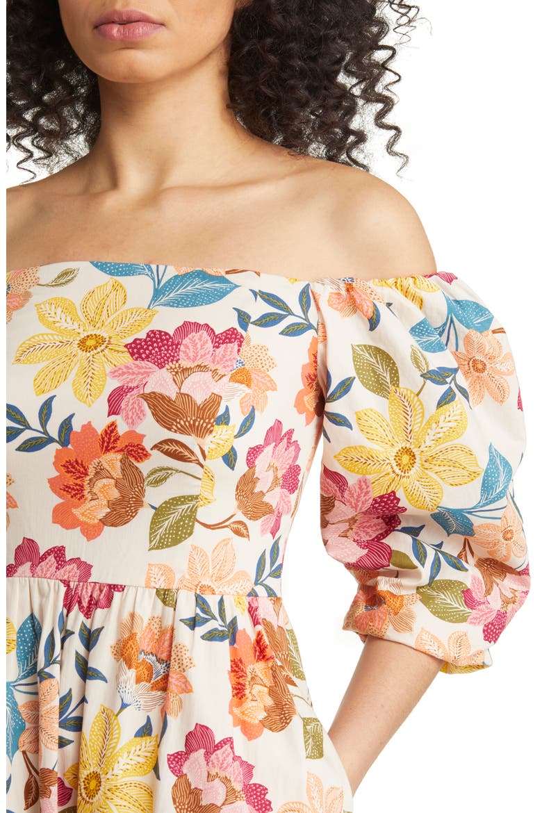 Floral Off the Shoulder Stretch Cotton Midi Dress, Alternate, color, IVORY MULTI