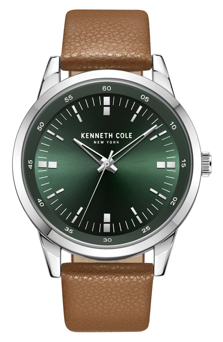 Kenneth Cole Three Hand Quartz Leather Strap Watch, 45mm, Main, color, 