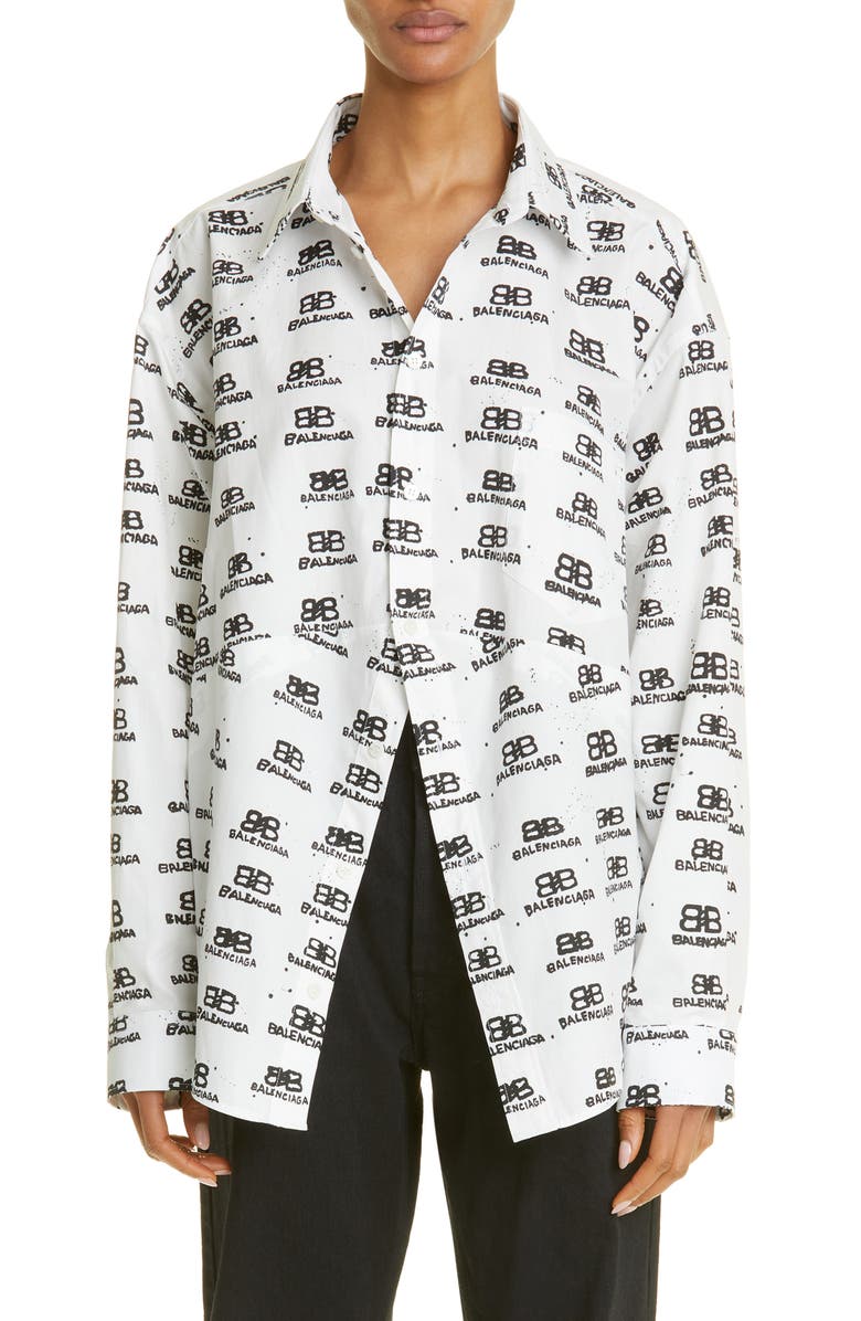 Balenciaga Hand Drawn BB Icon Cotton Poplin Button-Up Shirt, Main, color, 