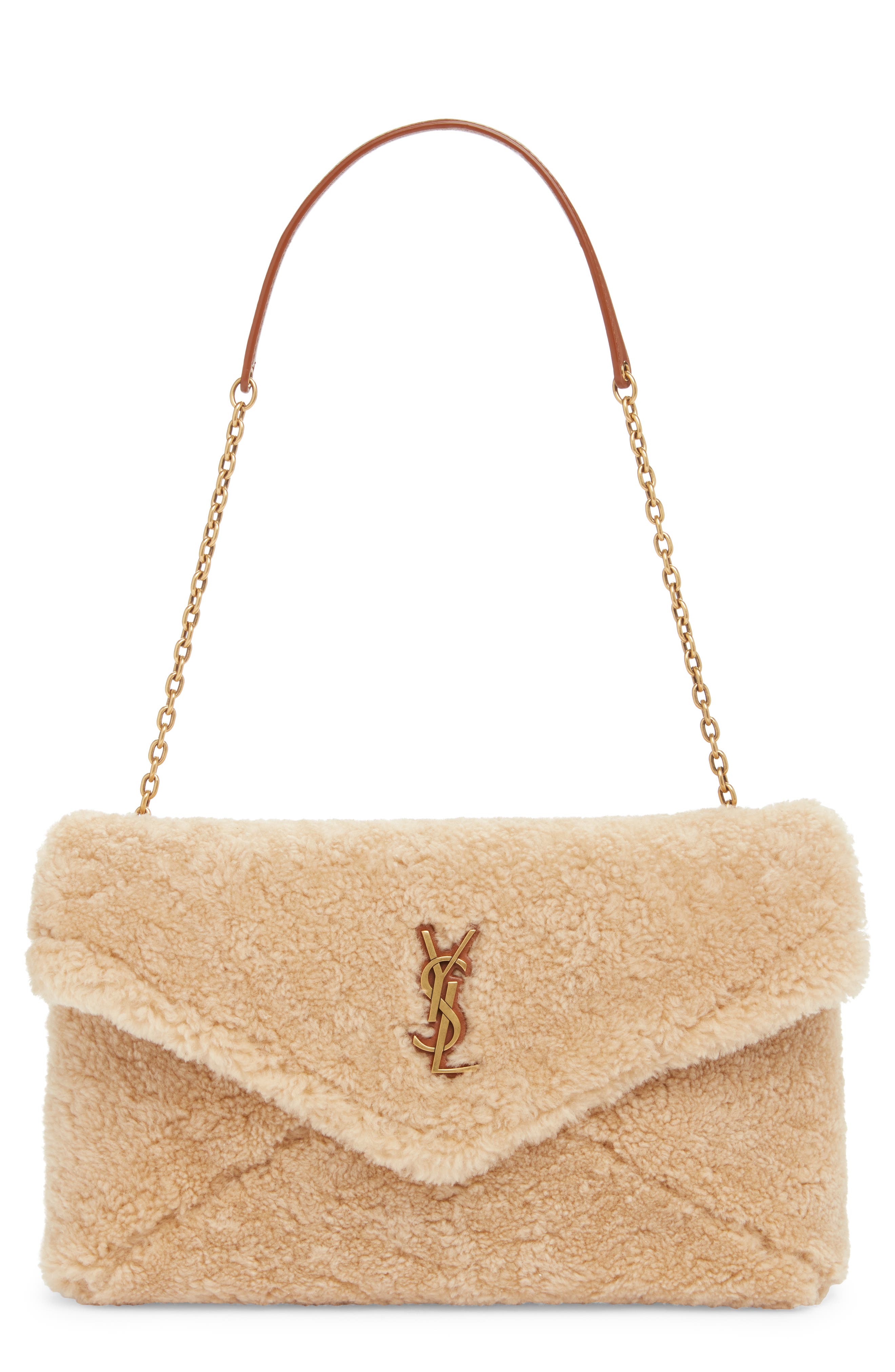 Saint Laurent Cassandre Genuine Shearling Shoulder Bag, Main, color, Naturel/ Brick