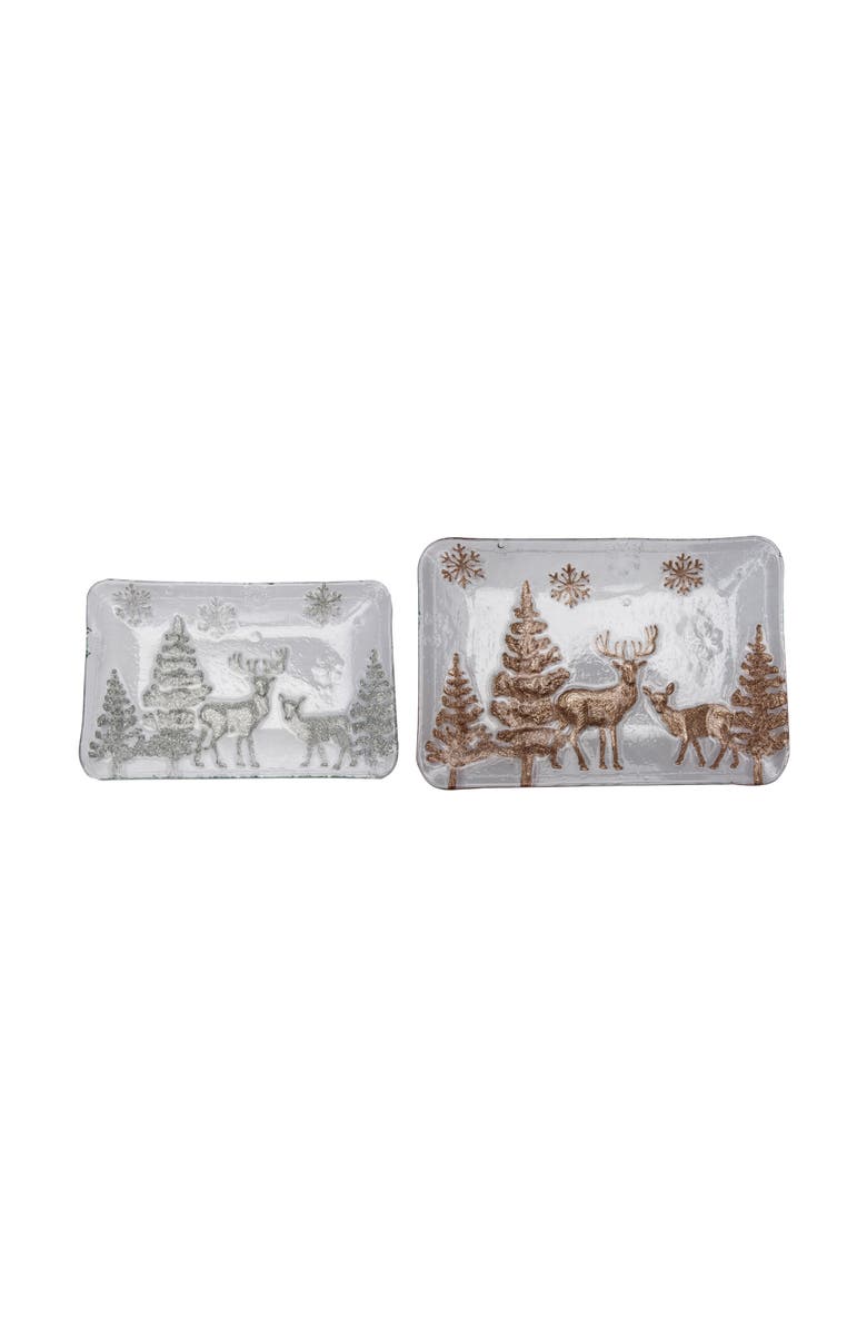 Transpac Multicolor Christmas Winter Landscape Glass Platter Set of 2, Main, color, Metallic Silver