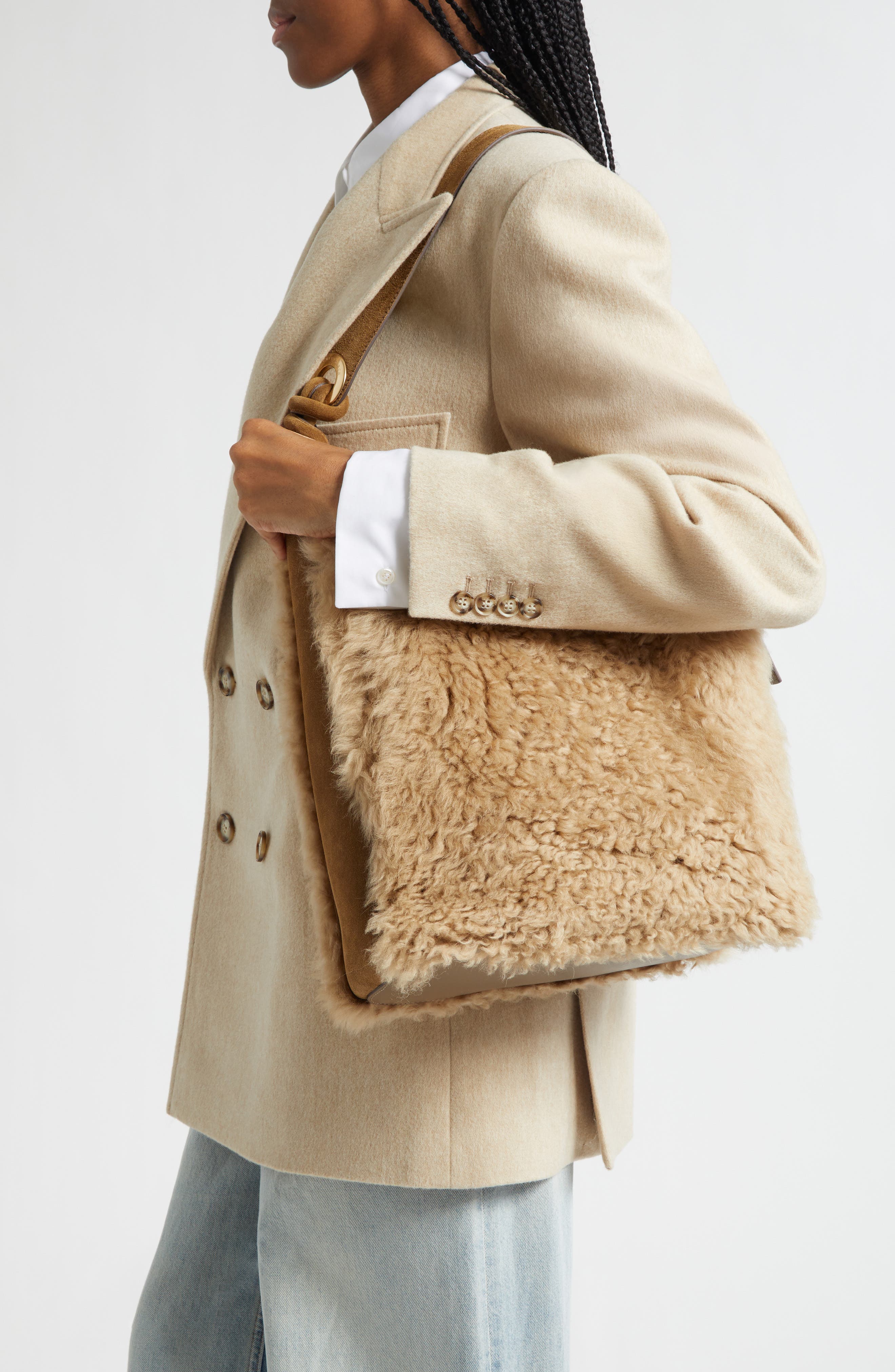 Anya Hindmarch Ringo Genuine Shearling North/South Shoulder Bag, Alternate, color, Taupe