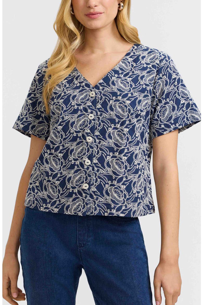 Isabel Floral Embroidered Cotton Button-Up Top, Main, color, NAVY/ WHITE