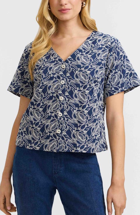 Isabel Floral Embroidered Cotton Button-Up Top