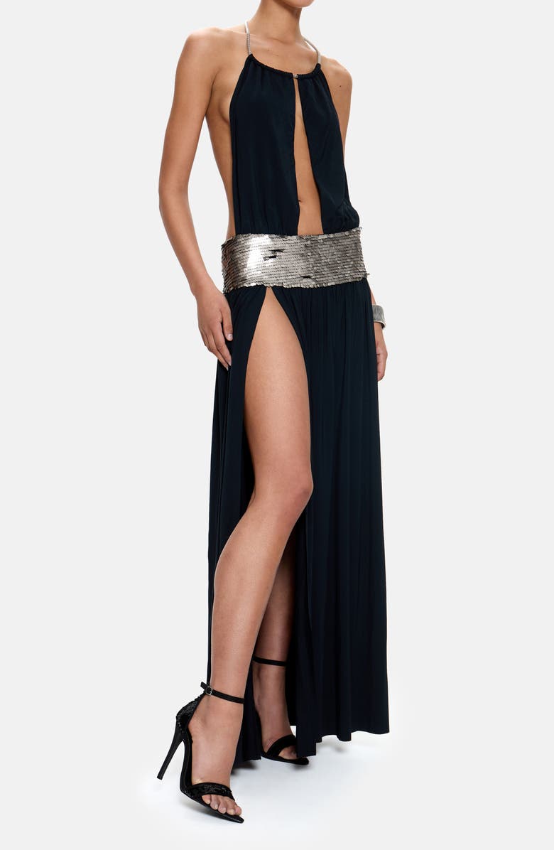 JADED LONDON Sequin Split Front Open Back Maxi Dress, Main, color, Black