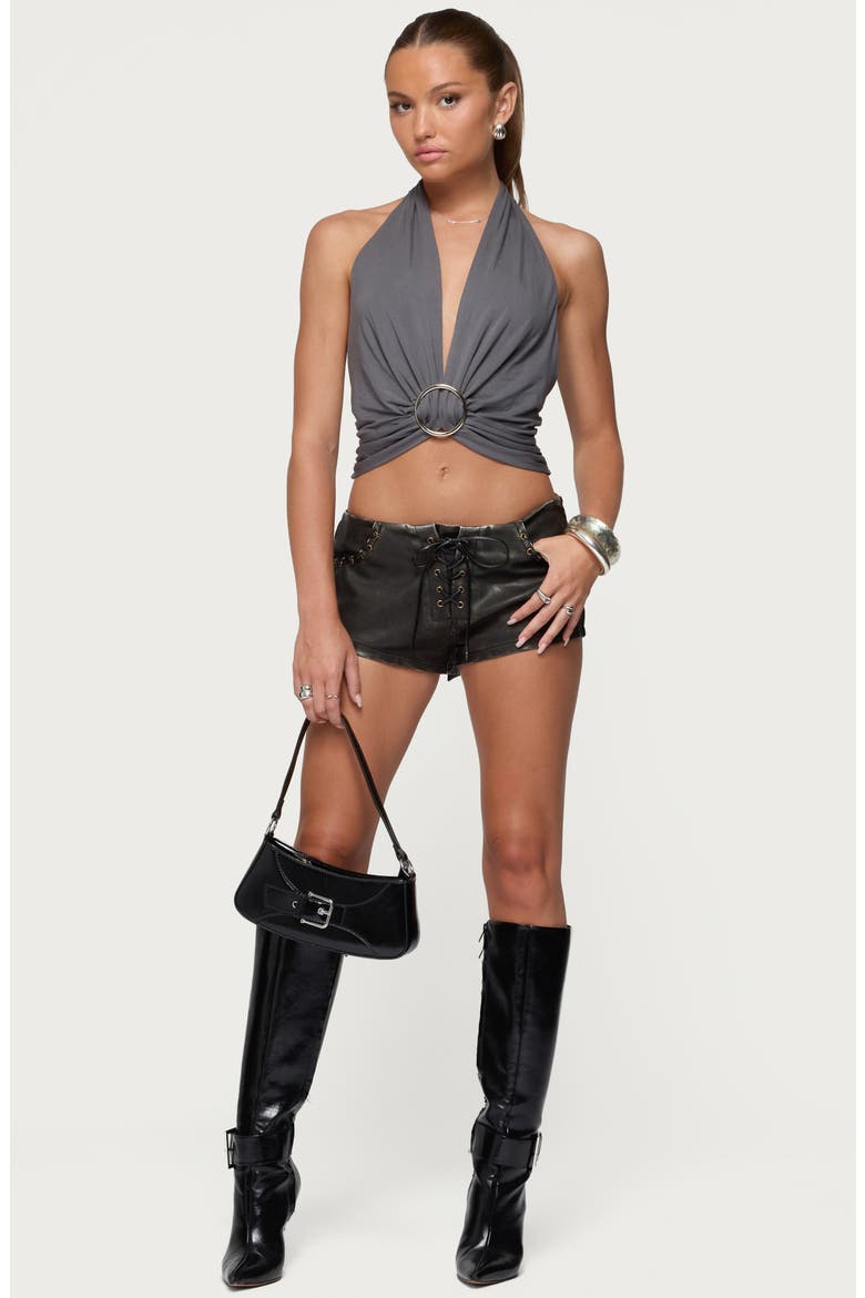 Nessie Ring Plunge Neck Open Back Halter Top, Alternate, color, GRAY