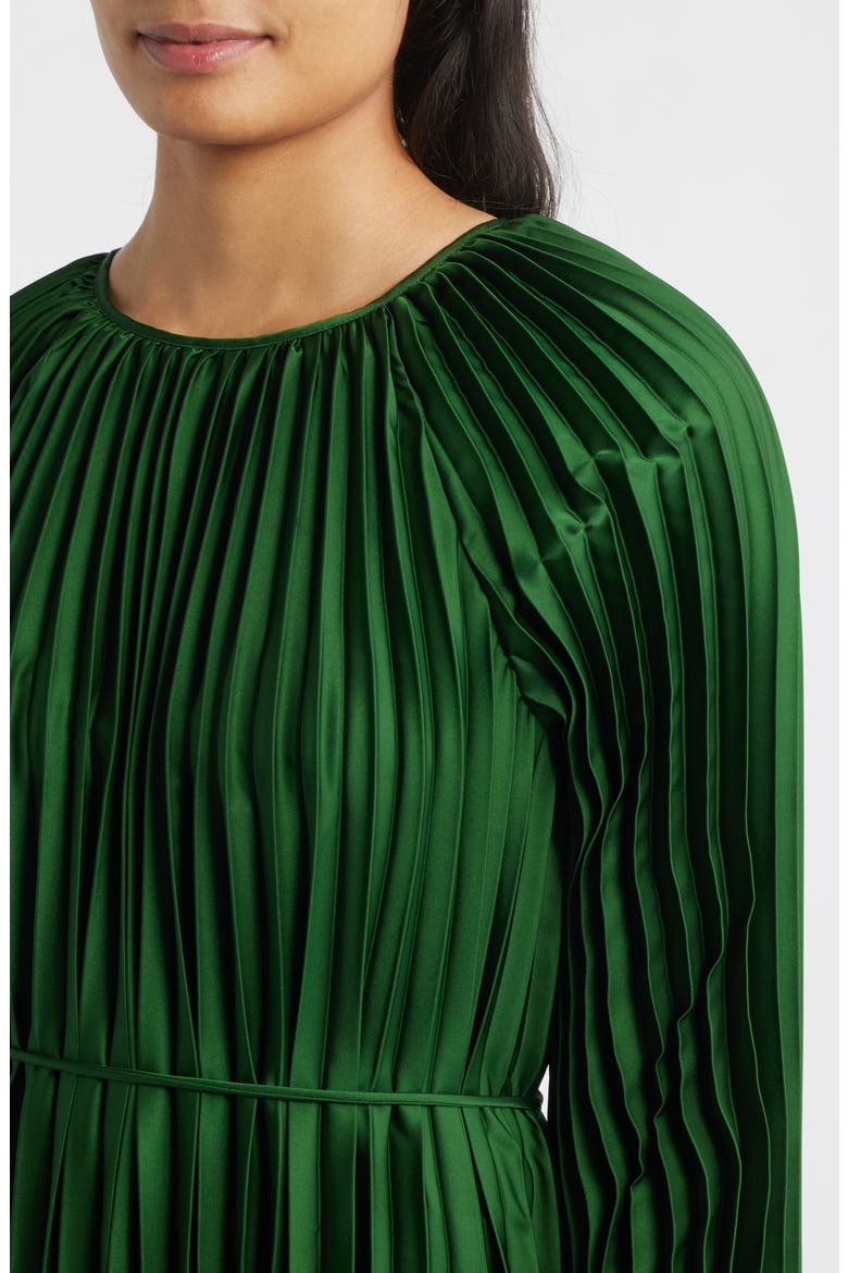 Pleated Long Sleeve Satin Midi Dress, Alternate, color, GREEN