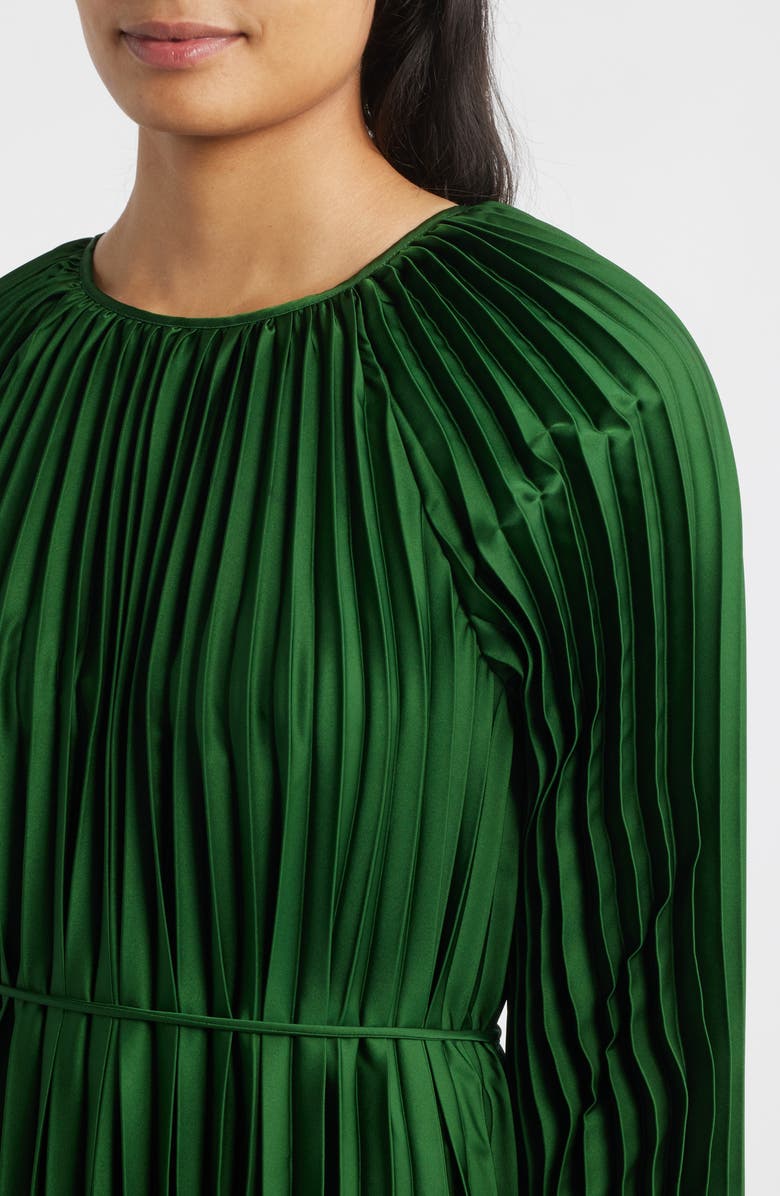 Julia Jordan Pleated Long Sleeve Satin Midi Dress, Alternate, color, Green