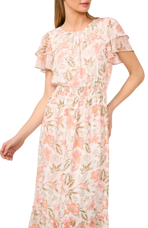 Shop Cece Floral Print Ruffle Sleeve Dress In New Ivory