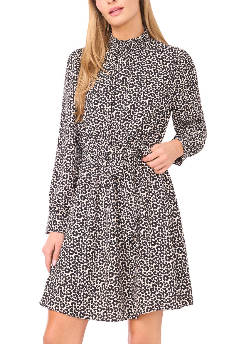 Flower Print Long Sleeve Smock Neck Dress, Alternate, color, BIRCH