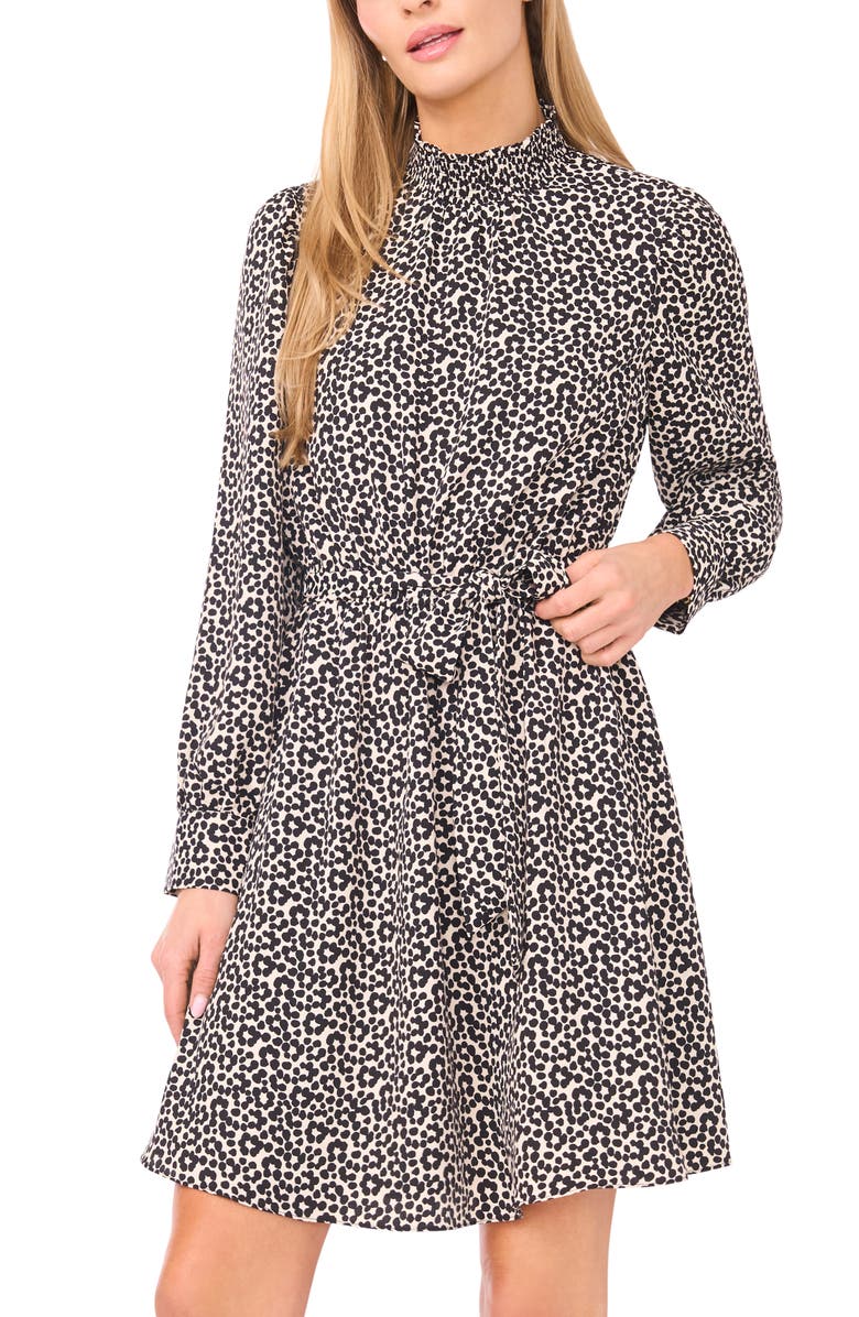 Halogen<sup>®</sup> Flower Print Long Sleeve Smock Neck Dress, Alternate, color, Birch