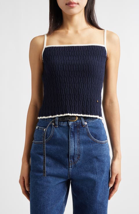 Contrast Trim Pointelle Cable Knit Camisole