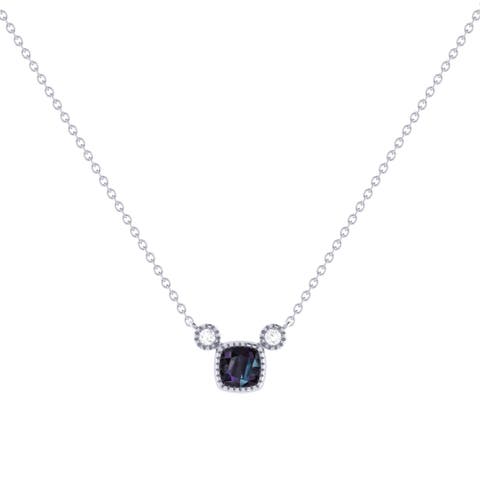 Cushion Cut Alexandrite & Diamond Birthstone Necklace in 14K Gold