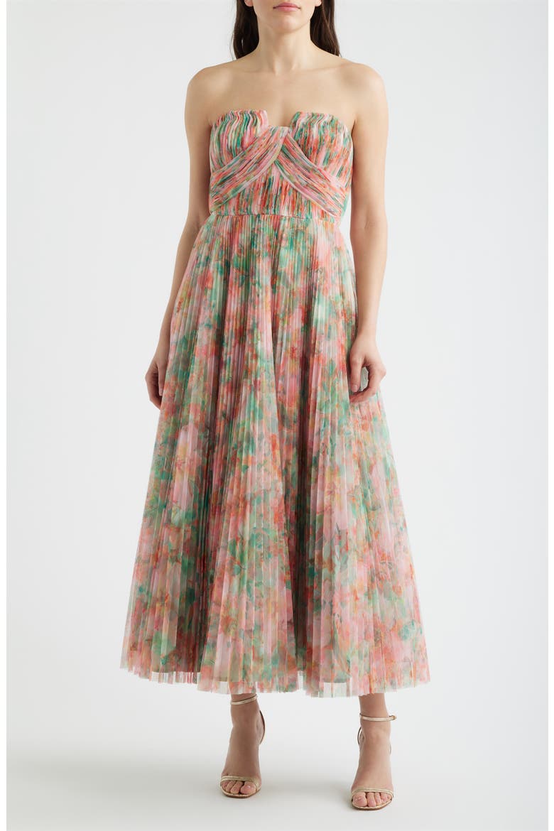 Pleated Strapless Mesh Gown, Main, color, MULTI AZALEA GARDEN