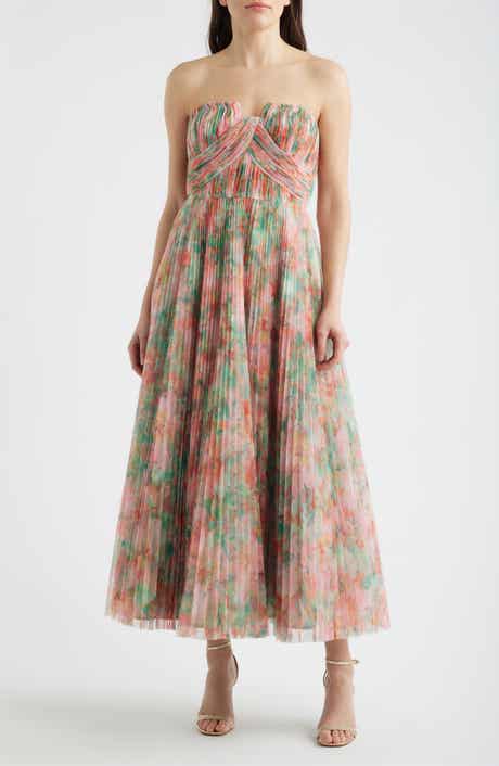 Pleated Strapless Mesh Gown