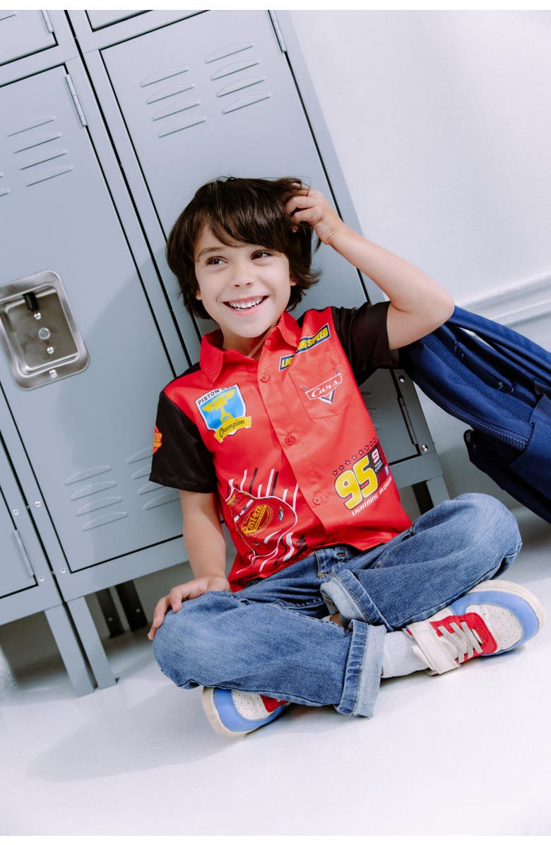 Disney Short Sleeve Button Down Shirt, Alternate, color, Lightning Mcqueen Red Red