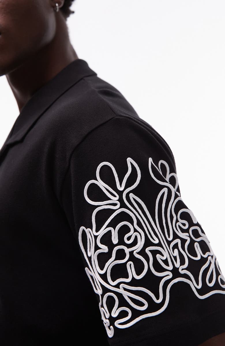 Topman Embroidered Oversize Cotton Jersey Camp Shirt, Alternate, color, Black