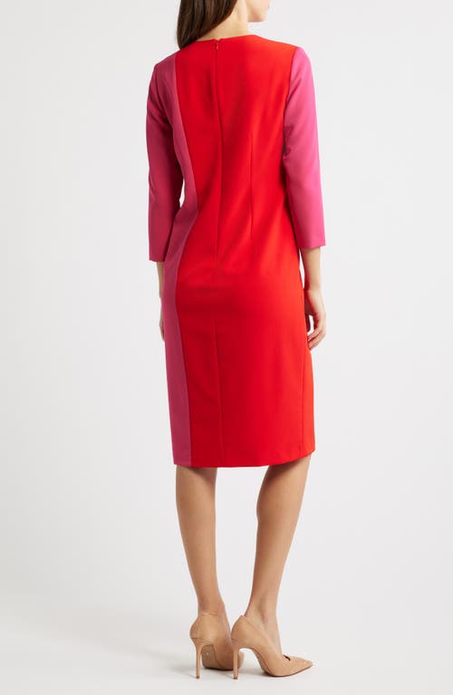 Anne Klein Colorblock Three-quarter Sleeve Sheath Dress In Fuchsia Rose/poppy (5dn)