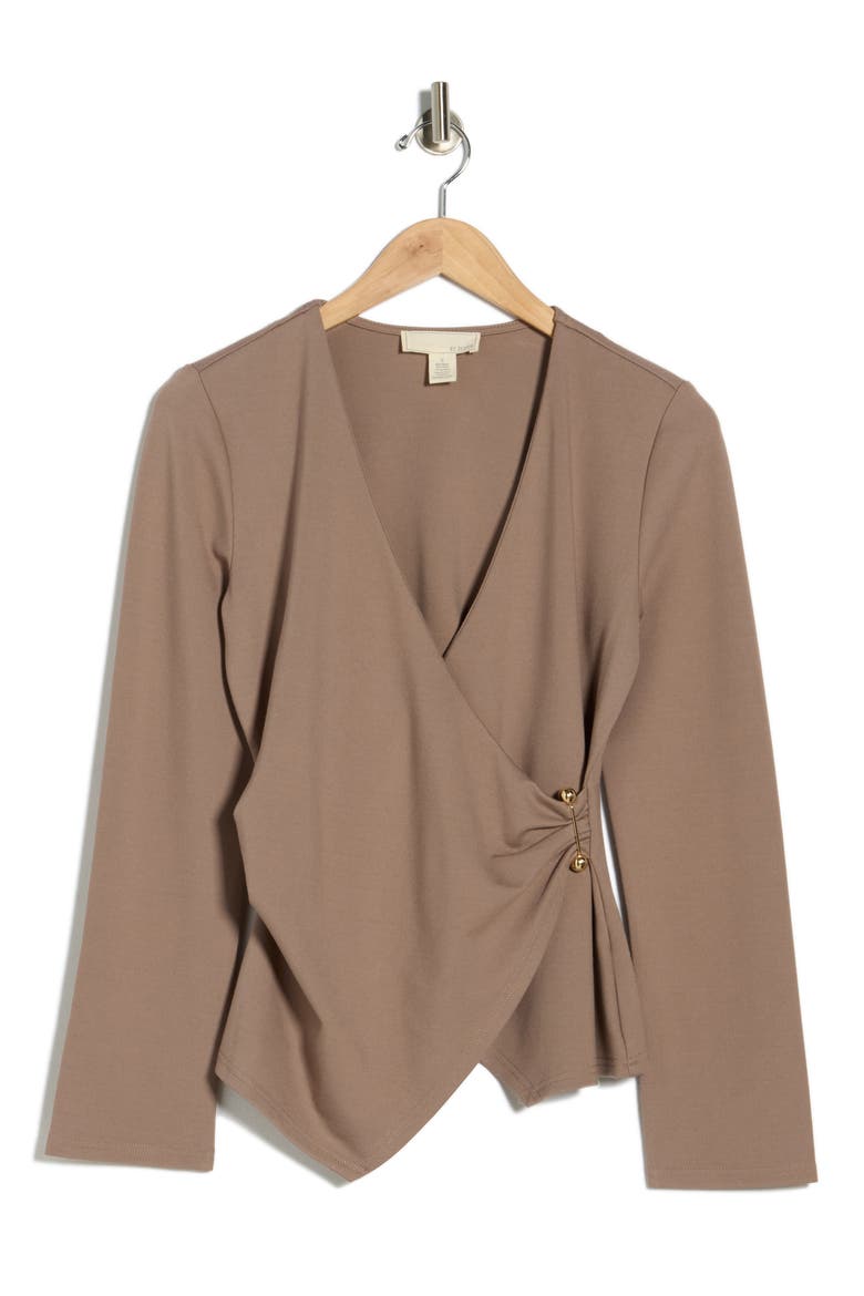 Cappuccino Long Sleeve Faux Wrap Top, Alternate, color, CAPPUCCINO