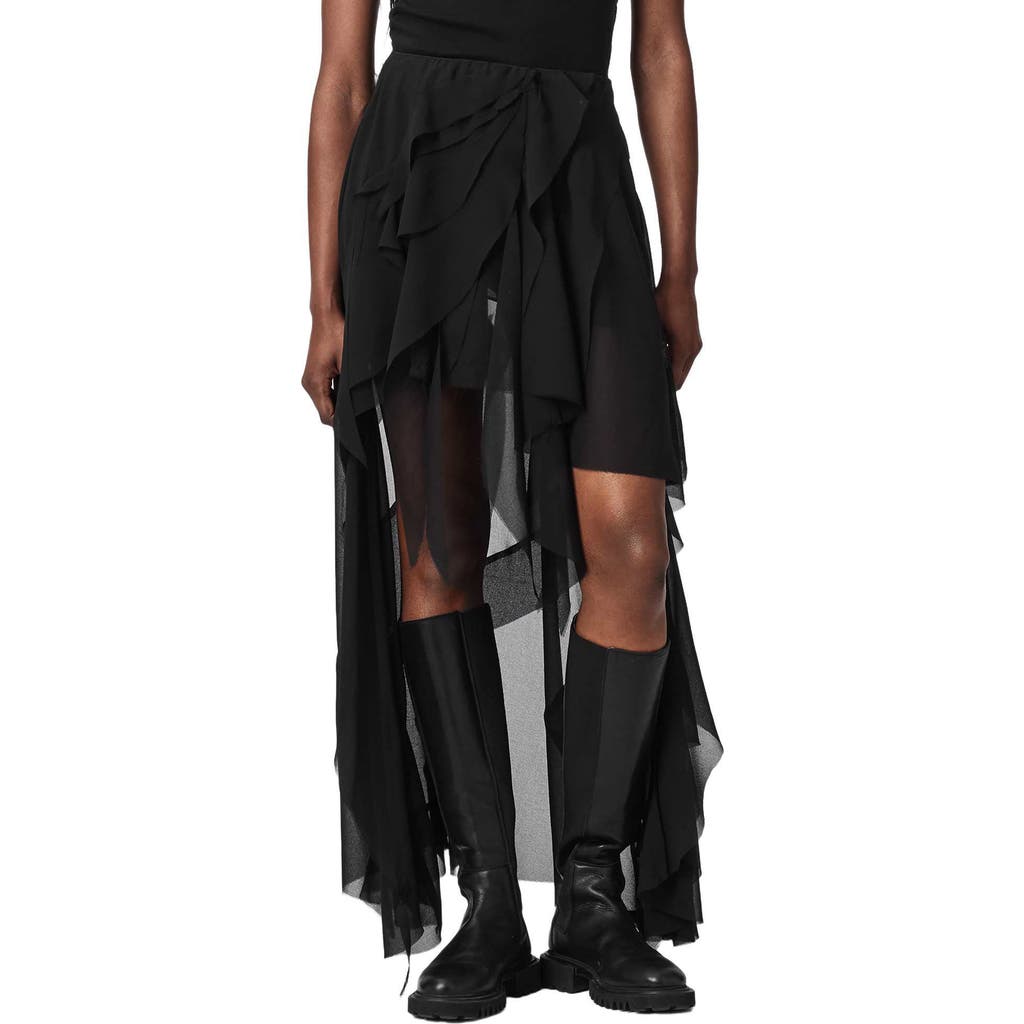 AllSaints Melody Layered Ruffle Midi Skirt in Black at Nordstrom, Size 4