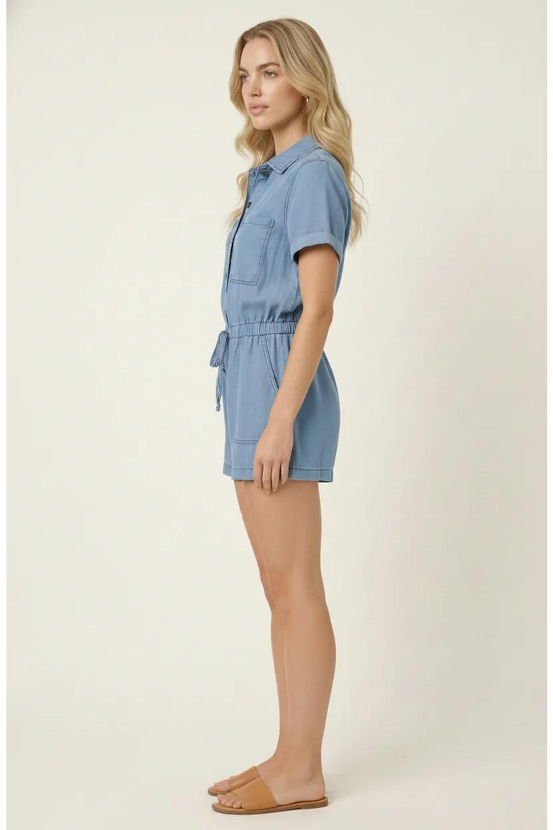 Utility Button-Up Denim Romper with Pockets and Drawstring Waist, Alternate, color, Denim Blue