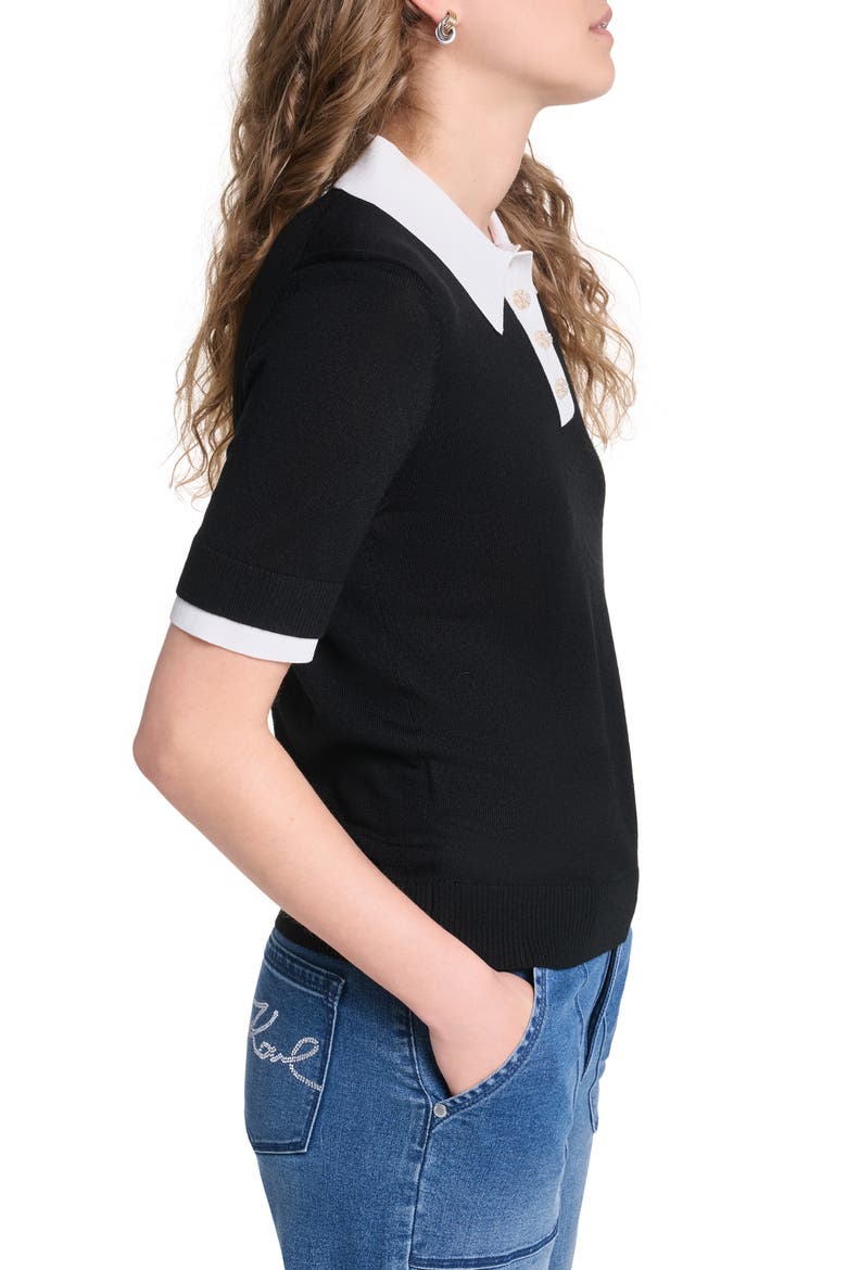 Johnny Collar Short Sleeve Sweater, Alternate, color, BLACK/ SOFT WHITE