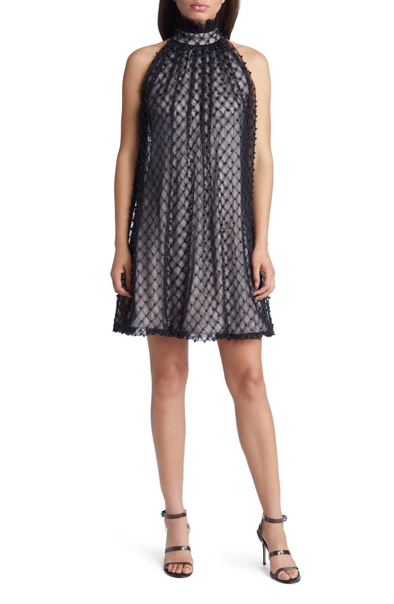 Tadashi Shoji Black Imitation Pearl Lace Trapeze Dress, Main, color, 