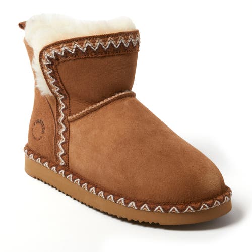 Dearfoams Fireside Perth Genuine Shearling Fold Down Bootie With Embroidery In Brown