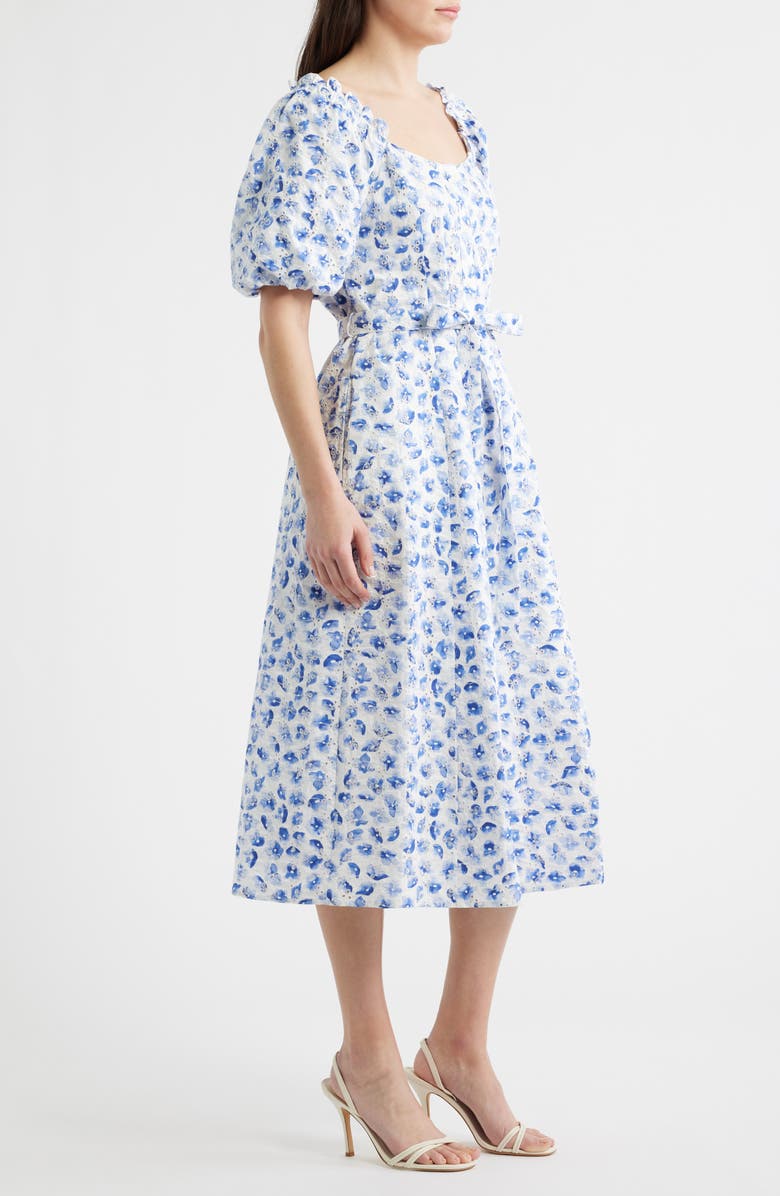 CeCe Floral Puff Sleeve Cotton Midi Dress, Alternate, color, Bellflower Blue