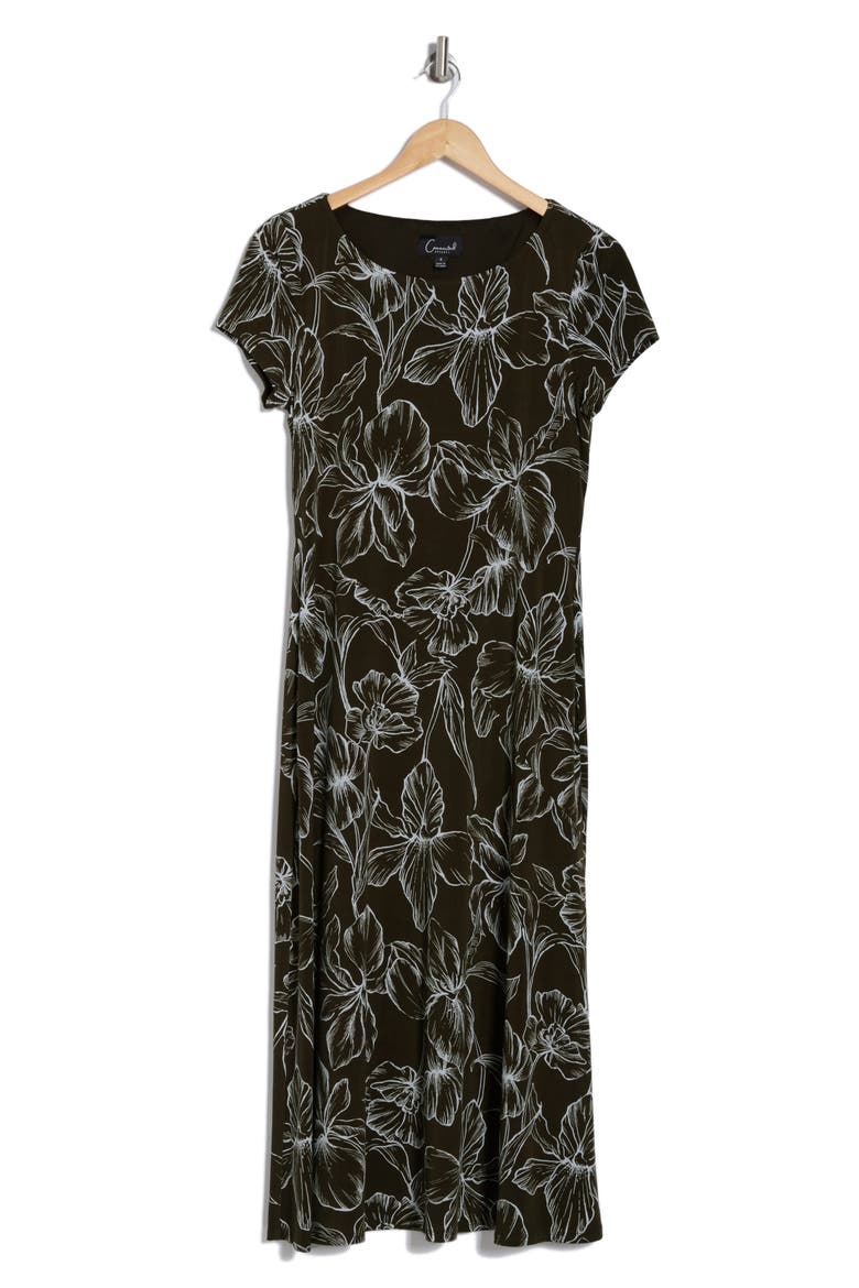 Floral Short Sleeve A-Line Midi Dress, Alternate, color, OLIVE