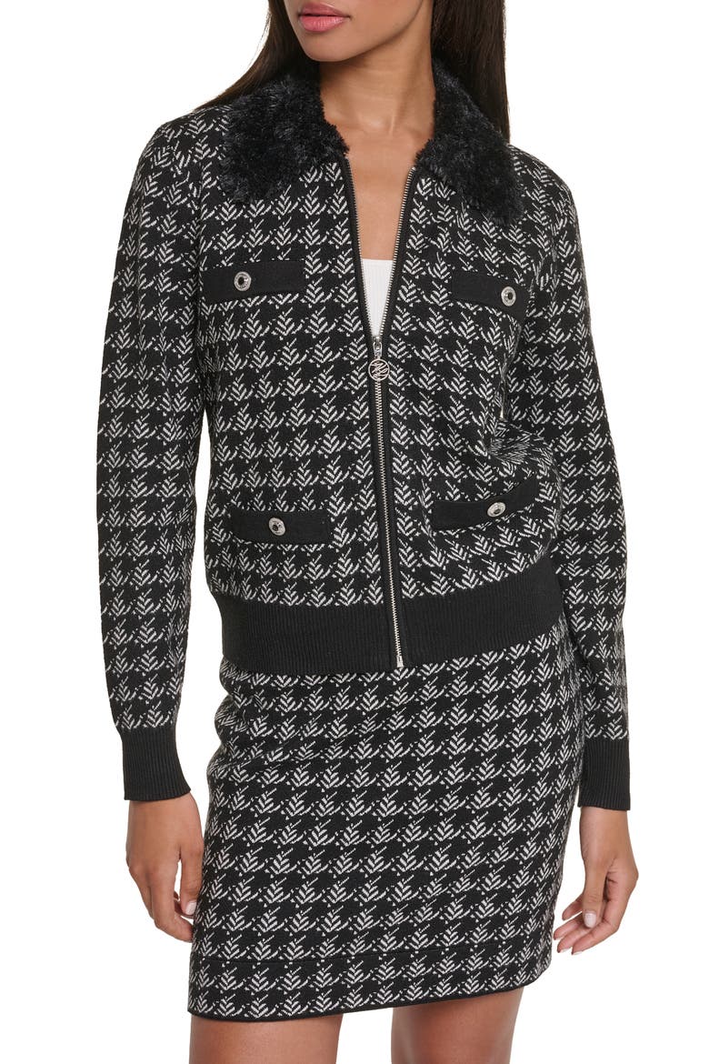 Faux Fur Collar Zip Front Cardigan, Main, color, BLACK/ SOFT WHITE