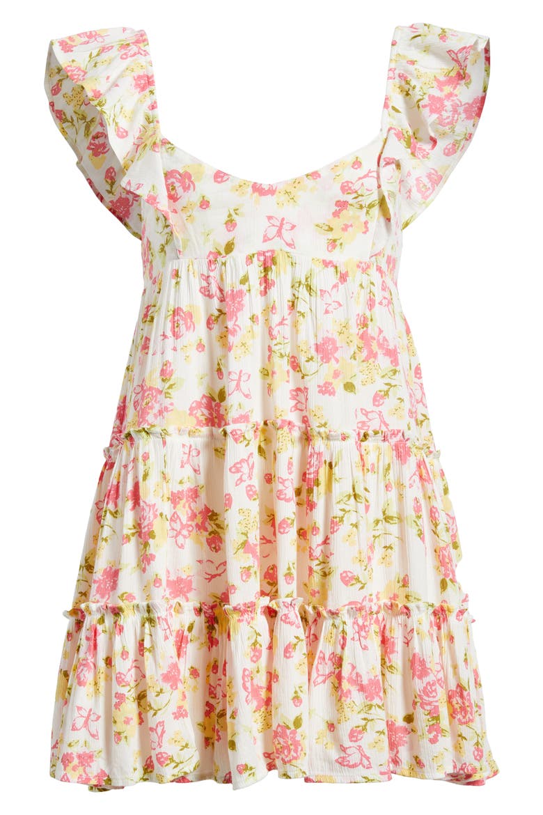 Flutter Sleeve Cotton Blend Mini Sundress, Alternate, color, IVORY- PINK SAVANNAH GARDEN