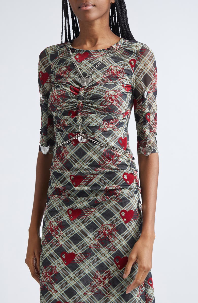 Chopova Lowena Sonicscape Bunny Plaid Flocked Mesh Dress, Alternate, color, Green Multi