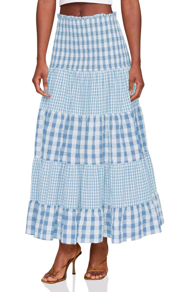 Avec Les Filles Mixed Print Tiered Cotton Gingham Maxi Skirt, Alternate, color, Blue/ White Gingham