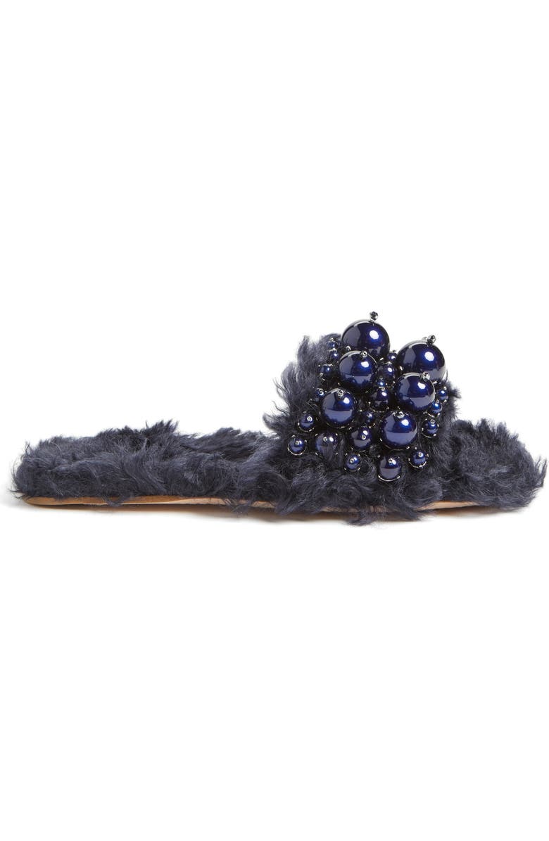 Miu Miu Embellished Faux Fur Slipper, Alternate, color,