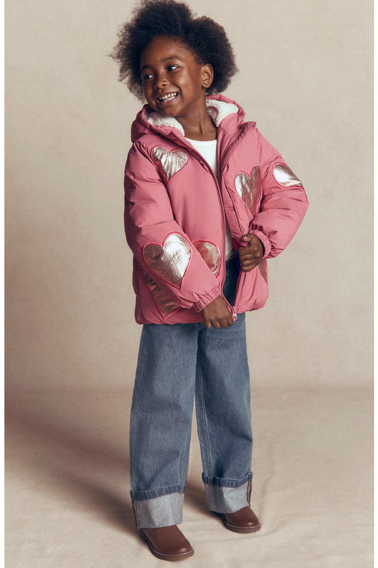 Kids' Heart Appliqué Hooded Puffer Coat, Alternate, color, PINK APPLIQUE METALLIC HEARTS