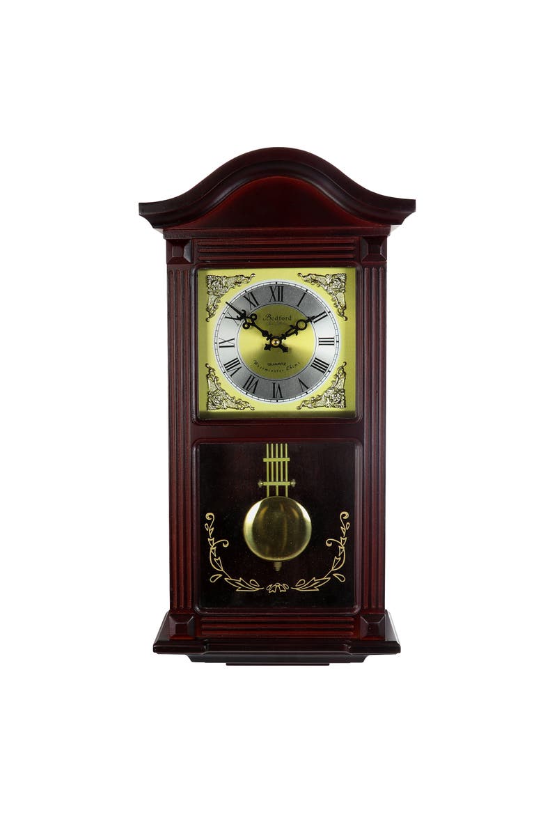 22in Wall Clock with Brass Pendulum and 4 Chimes, Alternate, color, Mahogany
