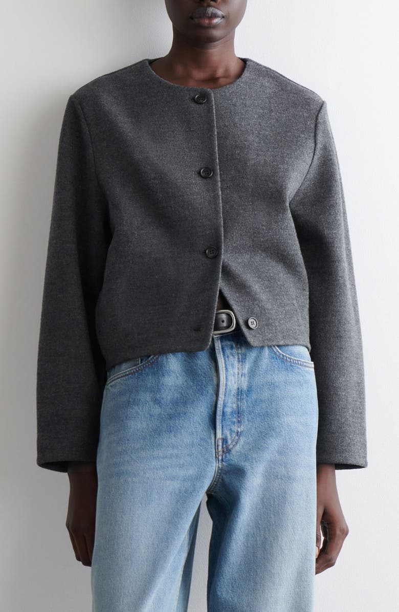 COS Boiled Merino Wool Blend Cardigan, Main, color, Grey Dark