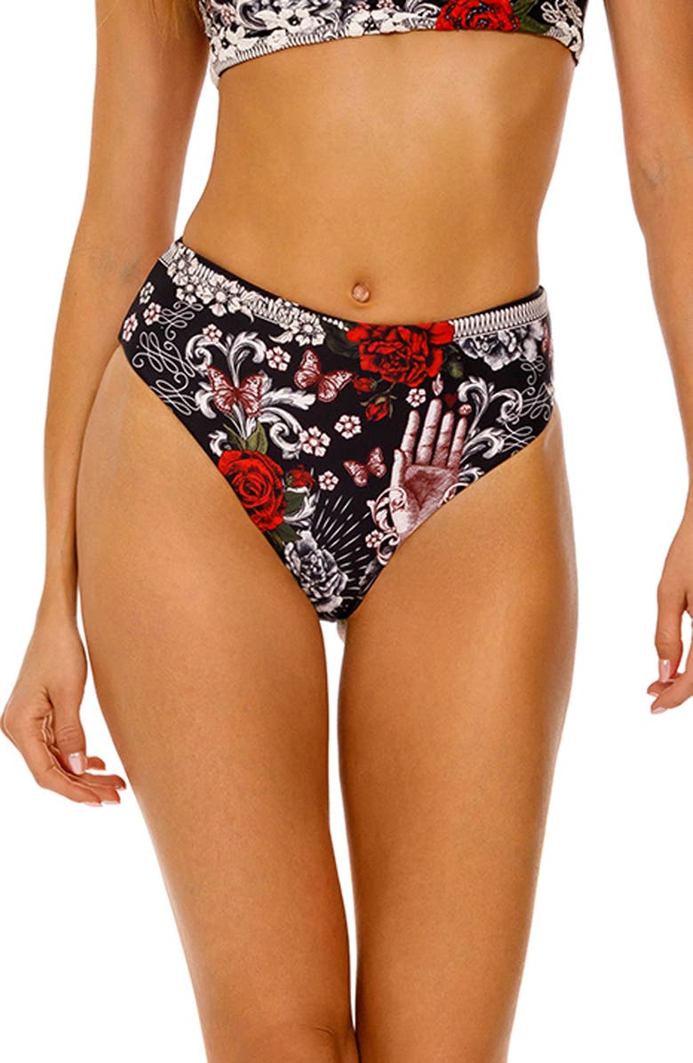 Agua Bendita Penelope Thorn Reversible High Waist Bikini Bottoms, Main, color, Black Multicolor