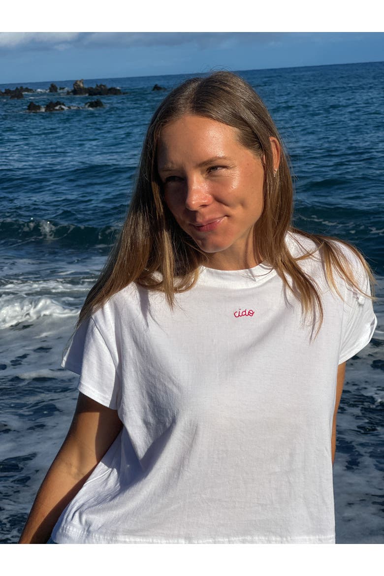 Ciao Embroidered Crop Tee, Alternate, color, White
