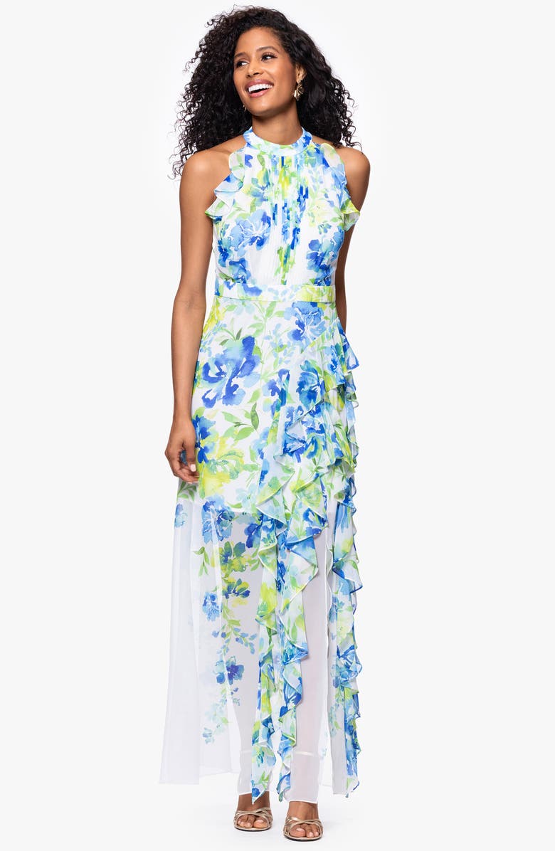 Betsy & Adam Print Ruffle Sleeveless Gown, Alternate, color, Aqua/ Multi