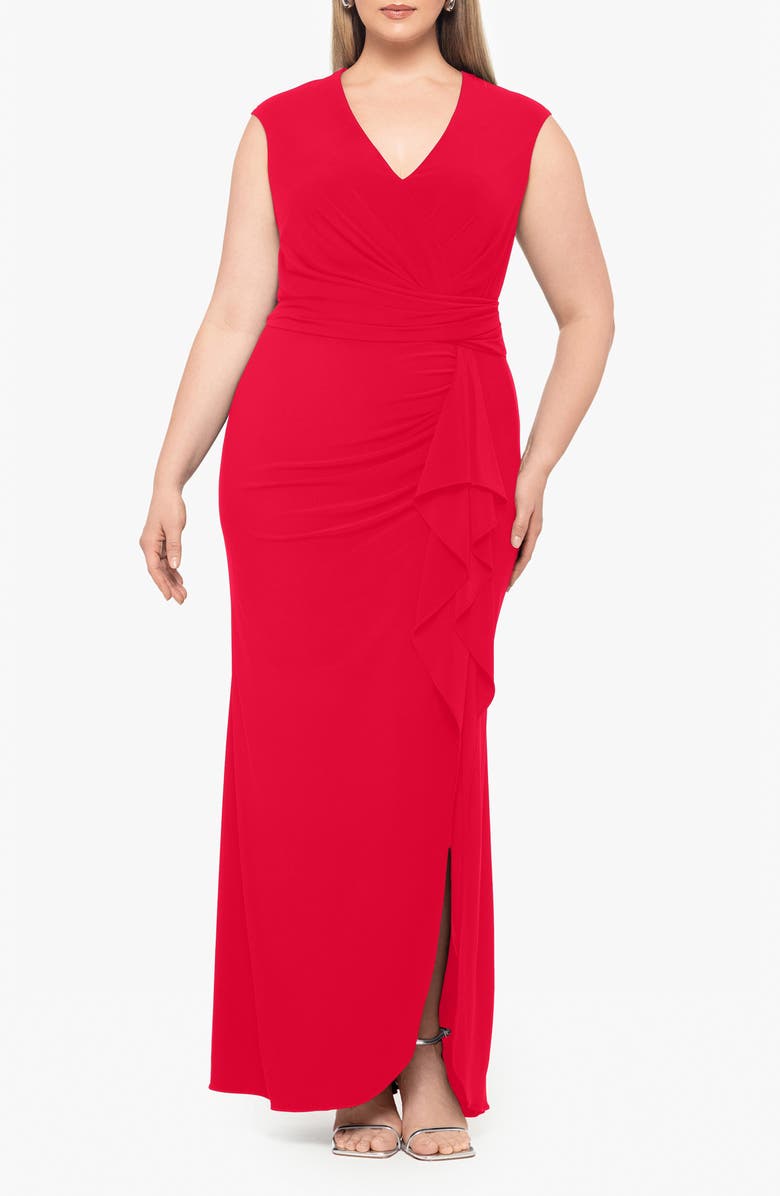 Betsy & Adam Ruffle Trim V-Neck Gown, Alternate, color, 