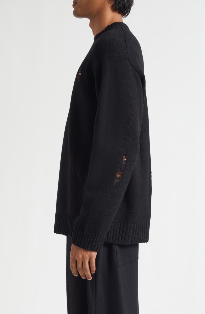 Yohji Yamamoto Distressed Wool Crewneck Sweater, Alternate, color, Black