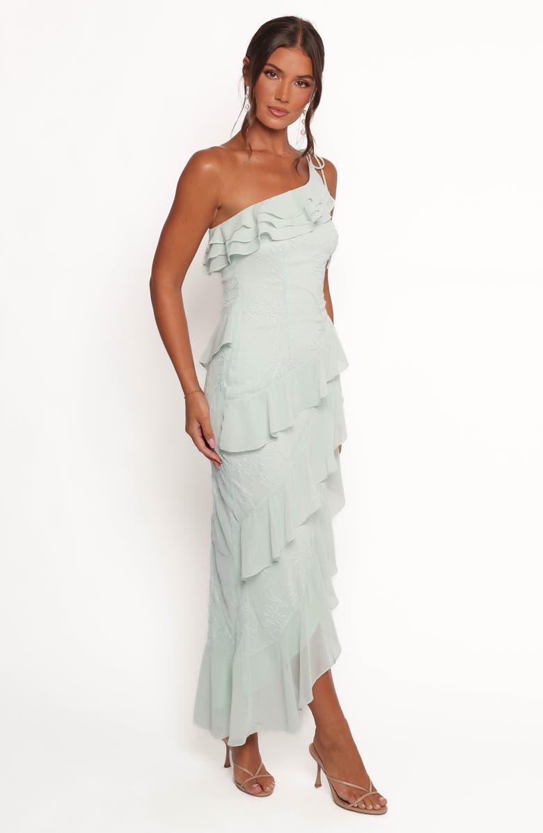 Petal & Pup Marion Embroidered Ruffle One-Shoulder Maxi Cocktail Dress, Alternate, color, Sage Green