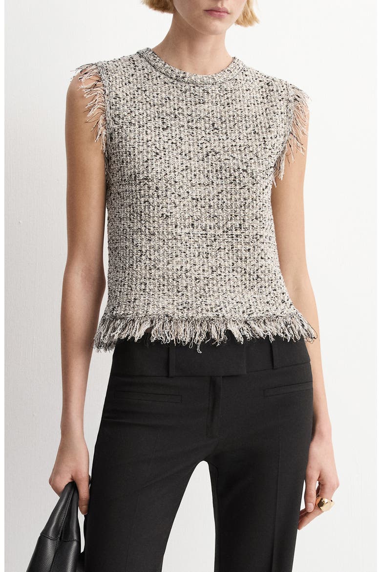 Sleeveless Fringe Trim Tweed Top, Main, color, BLACK