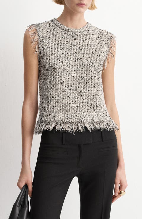 Sleeveless Fringe Trim Tweed Top